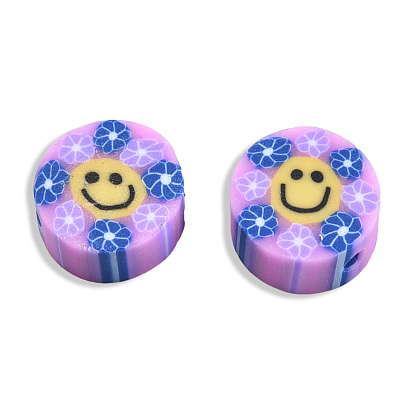 Handmade Polymer Clay Beads, Flat Round with Smiling Face & Flower