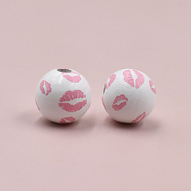 Valentine's Day Wood European Beads, Large Hole Bead, Round with Pink Lip
