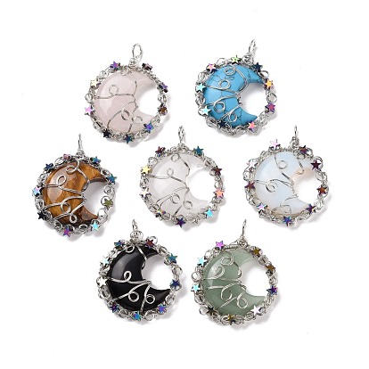 Natural & Synthetic Stone Big Pendants, with Rack Plating Brass Findings and Star Non-magnetic Synthetic Hematite, Cadmium Free & Lead Free, Flat Round with Moon Charm, Mixed Dyed and Undyed
