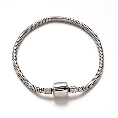 304 Fabricación de pulseras de cadenas de serpiente redondas de estilo europeo de acero inoxidable, con broches europeo, 190x3 mm