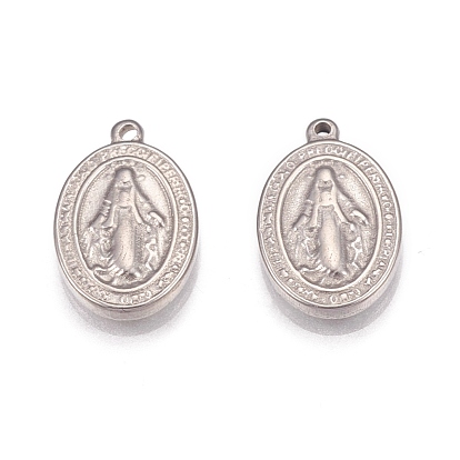 304 Stainless Steel Pendants, Oval with Virgin Mary, Miraculous Medal