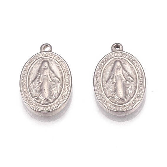 304 Stainless Steel Pendants, Oval with Virgin Mary, Miraculous Medal