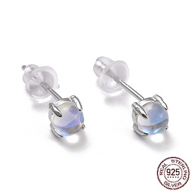 925 Sterling Silver Stud Earrings, Half Round Moonstone Dainty Earrings for Girl Women
