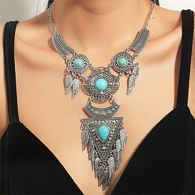 Collier plastron en alliage de style bohème, colliers pendentif triangle & aile & fleur acrylique imitation turquoise