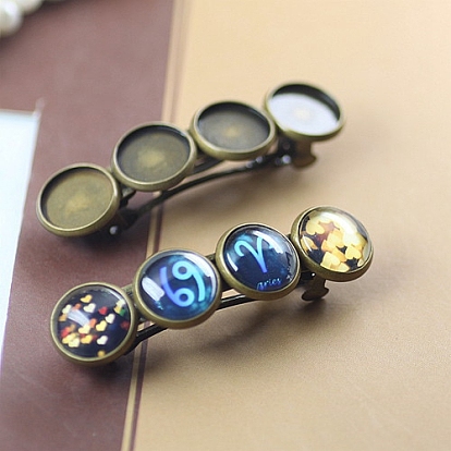 Iron Hair Barrette Findings, with Brass Flat Round Bezel Settings