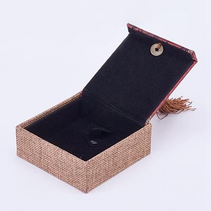 Boîtes de bracelet en bois, avec le gland de corde de lin et de nylon, rectangle