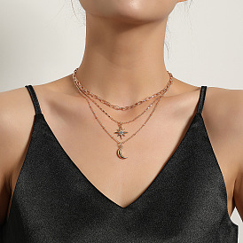 Stylish 3D Crescent Moon Pendant Necklace with Multi-layered Diamond-studded Hexagram Charm for Women