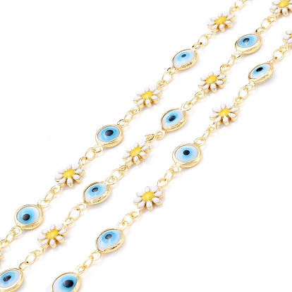 Handmade Brass Enamel Link Chains, Flat Round with Evil Eye & Flower, with Glass, Long-Lasting Plated, Soldered, with Spool, Golden