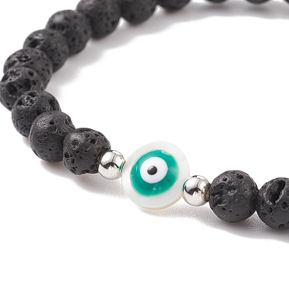 Natural Lava Rock & Shell with Evil Eye Beaded Stretch Bracelet, Essential Oil Gemstone Jewelry for Women
