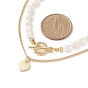 2 piezas 2 conjunto de collar de cuentas de perlas naturales estilo, pulseras apilables de latón con dije de corazón para mujer