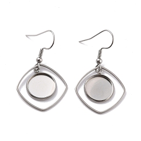 201 Stainless Steel Earring Hooks, with Quadrangle Blank Pendant Trays, Flat Round Setting for Cabochon