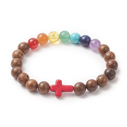 Bracelet extensible en perles de bois de rose naturel et pierres précieuses pour femme, bracelet croix