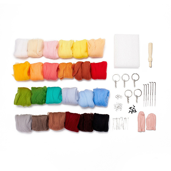 DIY Needle Felting Tools Set, with Iron Needles, Foam Chassis, Leather Figerstalls, Keychain Clasps, Open Jump Rings, Eye Pins, Plastic Craft Eyes & Wool, Wooden Handle