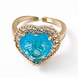 Anneau de manchette ouvert coeur en verre bleu ciel profond avec zircone cubique, bijoux en laiton pour femmes