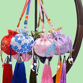 Brocade Flower Drawstring Bags with Tassel, Sachet Floral Pouches for Jewelry Storage