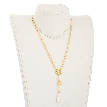 Colliers de lariat perle baroque naturelle, avec fermoirs à ressort en laiton et pendentif en alliage de strass, plat rond et soleil et ovale