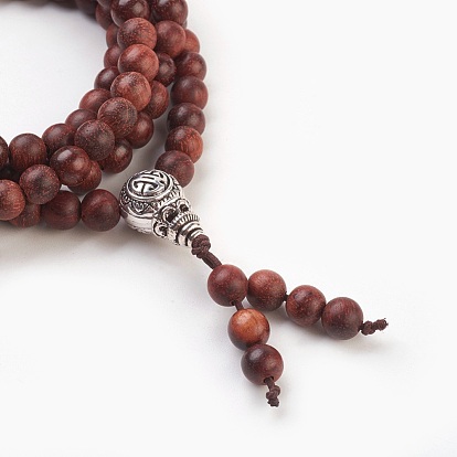 Quatre boucles de perles de bois de santal naturelles bracelets extensibles, avec des ensembles de perles de gourou en alliage de style tibétain, avec des sacs de paking de toile de jute