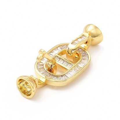 Rack Plating Brass Pave Clear Cubic Zirconia Fold Over Clasps, Cadmium Free & Lead Free, Oval