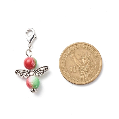 Two-Tone Spray Painted Resin Round Beaded Pendant Decorations, Angel Clip-on Charms, with Brass Lobster Claw Clasps and Alloy Wing Charms