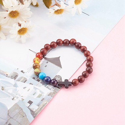 Chakra bijoux, bracelets extensibles en bois naturel, avec des perles naturelles et synthétiques pierres précieuses, rond et croix
