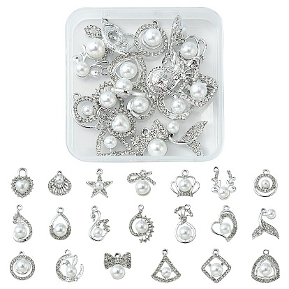 20 pcs 20 pendentifs en strass de cristal en alliage de style, avec perles en plastique ABS imitation perle, Couronne et cerf et étoile et fleur et coeur et lune et nœud papillon et breloques en queue de poisson