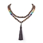Natural & Synthetic Mixed Gemstone & Wood Buddhist Necklace, Alloy Buddha Head with Polyester Tassel Lariat Necklace for Women