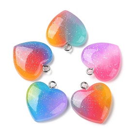 Rainbow Color Opaque Resin Pendants, Glitter Heart Charms with Platinum Plated Iron Loops