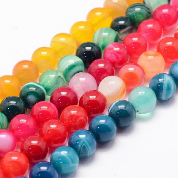 Natural Striped Agate/Banded Agate Bead Strands, Round, Dyed & Heated, Grade A