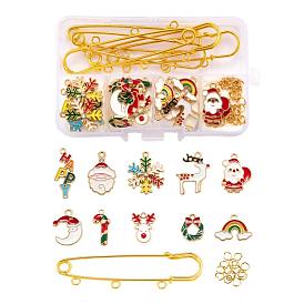 DIY Brooch Making Kits, 20Pcs Christmas Themed Alloy Enamel Pendants, Iron Kilt Pins Brooch Findings and 304 Stainless Steel Open Jump Rings