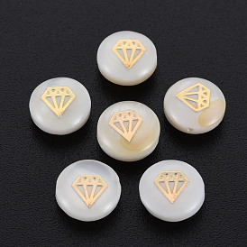 Perles de coquillages naturels d'eau douce, avec des ornements en métal en laiton doré, Plat rond avec diamant