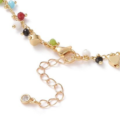 Colliers pendants, avec perles de verre rondelles à facettes, perles coeur en laiton et 304 fermoirs pinces de homard en acier inoxydable, colorées