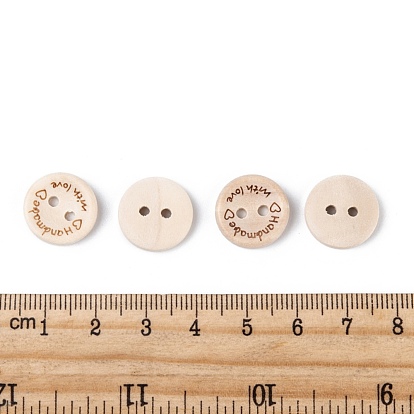 Wooden Buttons, 2-Hole, with Word, Flat Round with Word Handmade with Love