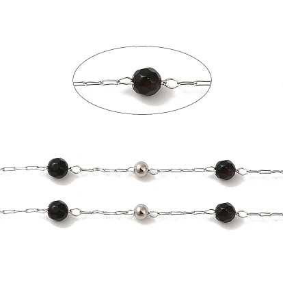 Natural Black Agate Round Beaded Chains, with 304 Stainless Steel Cable Chains, Soldered, with Spool