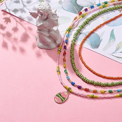 4Pcs 4 Style Glass Seed Imitatin Pearl Beaded Necklaces Set, Alloy Enamel Easter Egg Charm Stackable Necklaces for Women
