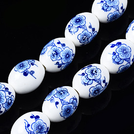 Handmade Porcelain Ceramic Beads Strands, Flower Printed, Oval