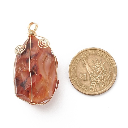 Natural Carnelian Pendants, with Golden Tone Copper Wire Wrapped, Nuggets Charm