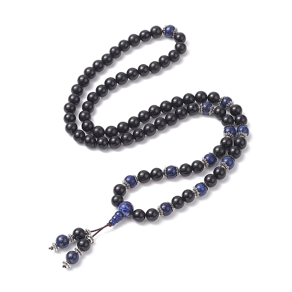 Collier bouddhiste lapis lazuli naturel & bois, collier lariat gourde en alliage pour femme