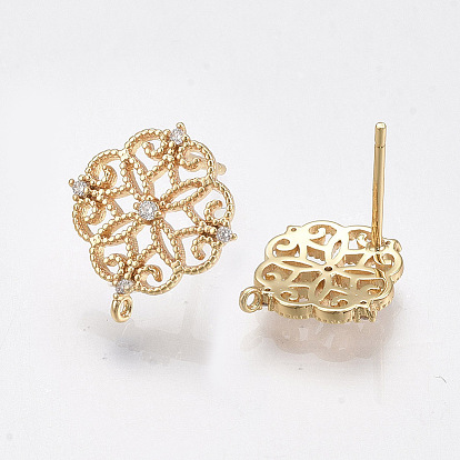 Brass Stud Earring Findings, Cubic Zirconia and Loop, Nickel Free, Real 18K Gold Plated, Flower