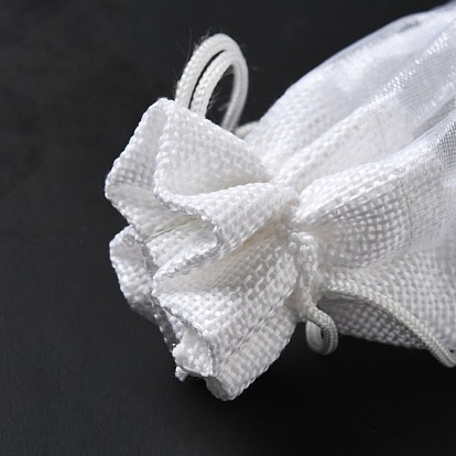 Linen Pouches, Drawstring Bags, with Organza Windows, Rectangle