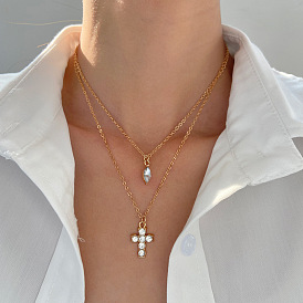 Fashionable Cross Necklace with Waterdrop Zircon Lock Chain - Minimalist, European and American Style