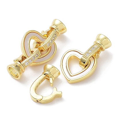 Rack Plating Brass Micro Pave Clear Cubic Zirconia Fold Over Heart Clasps, with Natural Shell, Cadmium Free & Lead Free, Long-Lasting Plated