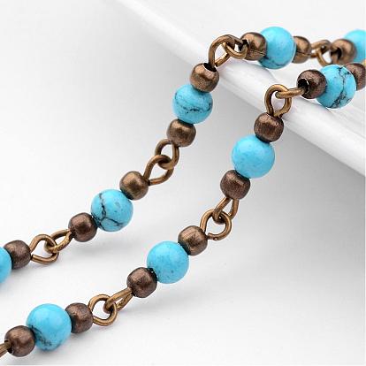 Rondes à la main de perles de pierres précieuses chaînes de colliers bracelets faisant, avec épingle à oeil en fer, perles d'espacement non soudées et en laiton, bronze antique