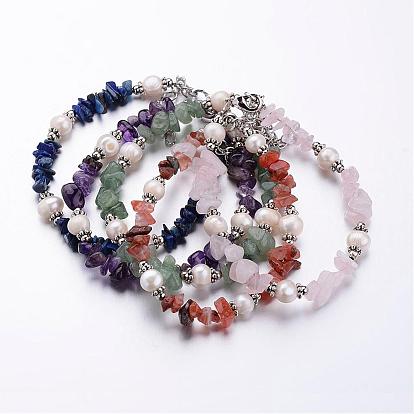 Gemstone Bracelets, with Freshwater Pearl Beads, Flower Tibetan Style Alloy Spacers and Brass Crimp Beads