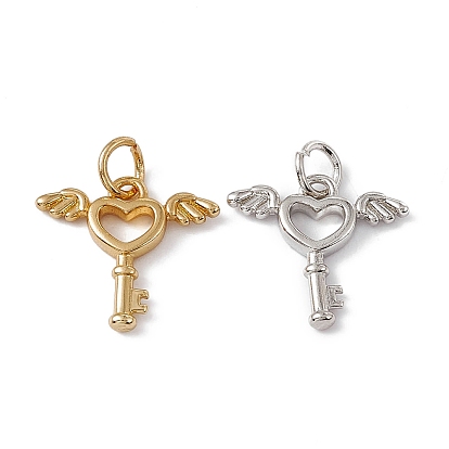 Rack Plating Brass Pendants, with Jump Ring, Long-Lasting Plated, Lead Free & Cadmium Free, Heart Key with Wing Charm