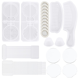 Foldable Makeup Mirror Silicone Resin Molds, for DIY UV Resin & Epoxy Resin Craft Casting Making, with Disposable Latex Finger Cots, Plastic Round Stirring Rod