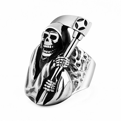 Bagues en acier titane pour hommes, Mort de crâne d'Halloween avec anneau à large bande faucille