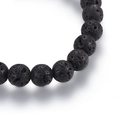 Bracelets extensibles en perles de lave naturelle, avec des perles de coquille d'eau douce, plat rond