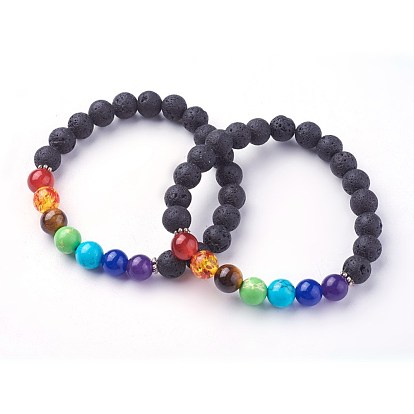 Bracelets extensibles en perles de lave naturelle, avec des perles d'espacement mélangées naturelles et synthétiques, chakra