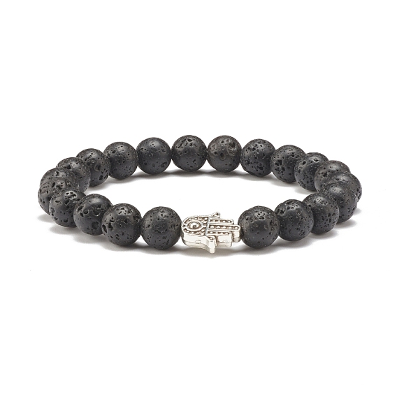 Natural Lava Rock Round Beaded Stretch Bracelet with Hamsa Hand, Essential Oil Gemstone Jewelry for Women