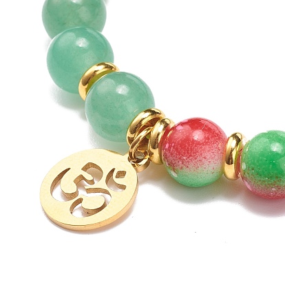 Bracelet extensible perlé rond en résine et pierres précieuses, 304 bracelet à breloques de yoga en acier inoxydable pour femme